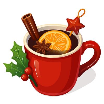 Festive red mug of mulled wine with orange slice cinnamon stick star anise and holly sprig