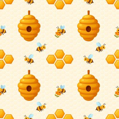 Seamless bee and honeycomb pattern with hanging hives on pale hex background