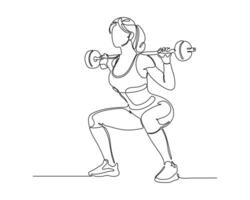 Continuous line drawing of a woman performing squats with a barbell. Minimalist artwork highlighting strength and movement. Perfect for fitness, sports, and gym-related designs vector