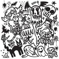 Spooky Halloween doodles featuring ghosts, skeletons, and black cat create fun atmosphere vector