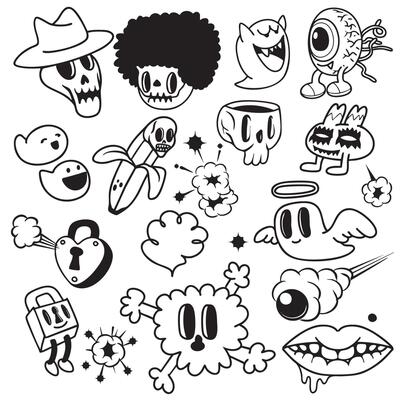 Cute Halloween themed illustrations featuring various characters like ghosts, skulls