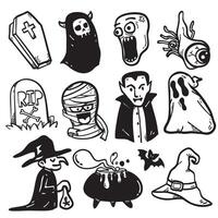 Creepy Halloween icons including ghosts, monsters, and spooky elements create fun atmosphere vector