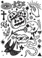 Spooky Halloween themed illustrations featuring pumpkins, skulls, and mystical symbols evoke vector