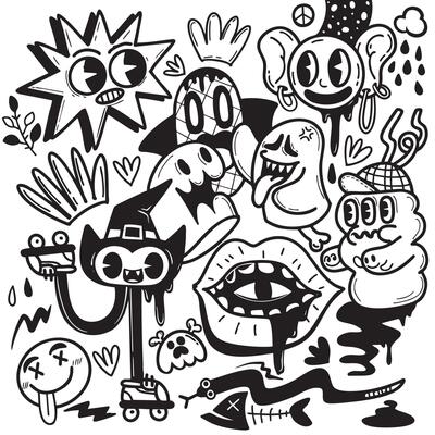 Cute and quirky Halloween themed doodles featuring various playful characters and designs