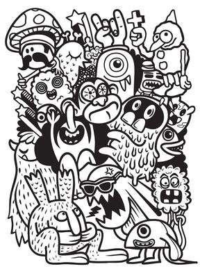 Colorful cartoon monsters and creatures playful, chaotic arrangement, showcasing various