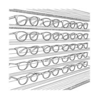 Line sketch of a display rack with eyeglasses arranged neatly. Ideal for optometry content, eyewear shop branding, and retail design visuals. vector
