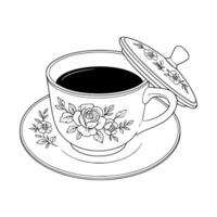 Simple black and white sketch of a tea and coffee cup with saucer. Ideal for cafe menus, morning routine graphics, beverage brands, or editorial illustrations. Great for minimal decor or food content. vector