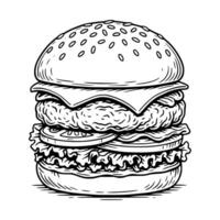 Bold line art of a stacked burger with toppings. Great for American diner themes, food truck branding, or fast food promotions. vector