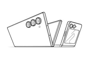 Sleek line sketch of a flip smartphone in open and closed positions. Ideal for tech illustrations, device catalogs, and futuristic design themes. vector