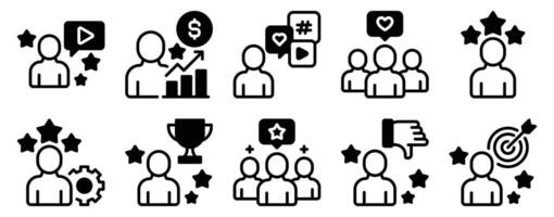 Influencer Icon Set Solid Style Collection representing social media presence and digital engagement suitable for marketing campaigns content creation and branding platforms vector