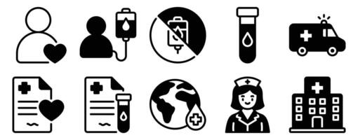 Blood Donation Icon Set Solid Style Collection representing medical giving and life-saving support suitable for healthcare campaigns hospitals and nonprofit awareness initiatives vector