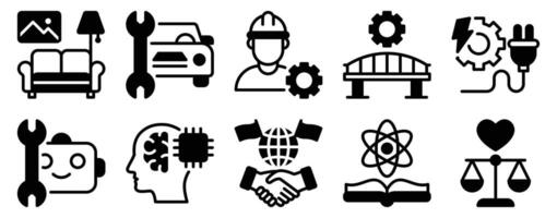 Education Topics Icon Set Solid Style Collection representing academic subjects and learning themes suitable for schools online courses and educational content platforms vector