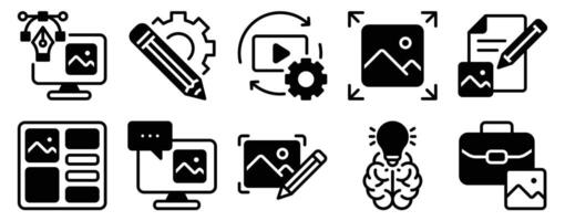 Art Design Icon Set Solid Style Collection representing creativity visual expression and artistic concepts suitable for design projects creative platforms and educational resources vector