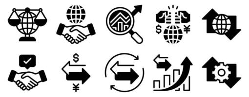 Fair Trade Icon Set Solid Style Collection representing ethical commerce and sustainable sourcing suitable for advocacy campaigns product labeling and educational materials vector