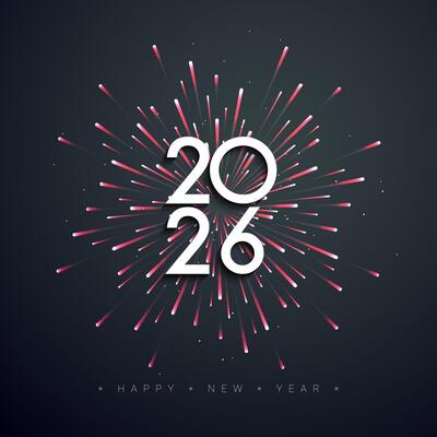 2026 Happy New Year Background Design with Red Fireworks.