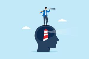 Flat illustration of businessman using telescope on head with lighthouse inside to represent vision insight guidance and leadership direction vector