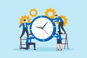Flat illustration of business team assembling giant clock together to symbolize teamwork time management productivity and task coordination vector