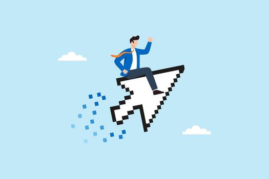 Flat illustration of businessman riding pixelated cursor arrow to represent digital transformation online direction and web navigation leadership vector