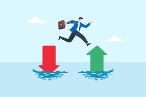 Flat illustration of businessman jumping from red down arrow to green up arrow over water to symbolize transition from failure to success and positive growth vector