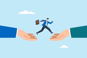 Flat illustration of businessman leaping between two giant hands to represent opportunity career transition and decision making with support vector