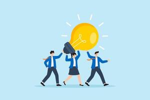 Flat illustration of business team carrying glowing lightbulb together to represent teamwork creativity innovation and shared ideas vector