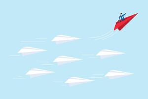 Flat illustration of businessman flying red paper plane in different direction to symbolize leadership innovation and thinking differently from the crowd vector