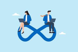 Flat illustration of business people sitting on infinity loop while working on laptops to represent continuous workflow, agile collaboration, and sustainable productivity vector