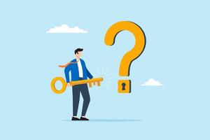 Flat illustration of businessman holding big key to unlock question mark keyhole as symbol of problem solving critical thinking and finding answers vector