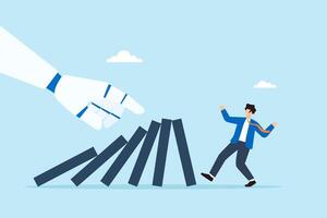 Flat illustration of robot hand pushing domino chain to knock down businessman symbolizing AI automation risk and threat to human employment vector