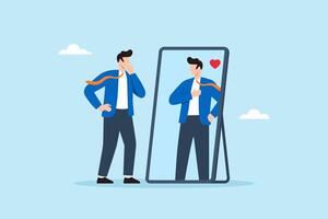 Flat illustration of confident businessman looking at mirror with admiration symbolizing self-love self-esteem and positive thinking vector