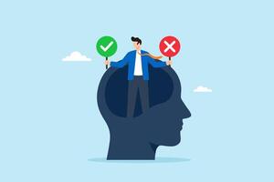 Flat illustration of businessman holding check mark and cross signs inside head silhouette representing internal dilemma decision making and critical thinking vector
