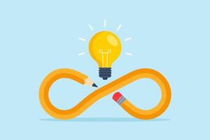 Flat illustration of creative pencil forming infinity loop around glowing light bulb symbolizing endless imagination and innovative idea generation vector