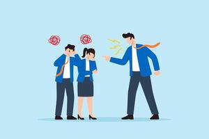 Flat illustration of angry boss shouting at stressed employees symbolizing toxic work environment pressure and workplace conflict vector