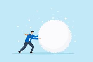 Flat illustration of businessman pushing giant snowball to symbolize momentum consistency persistence and compounding growth vector