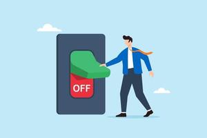 Flat illustration of businessman turning off giant switch to take break from work symbolizing digital detox burnout recovery and work-life balance vector