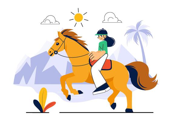 Horseback Riding Illustration of a Rider Practicing Equestrianism on a Green Meadow in Flat Cartoon Style