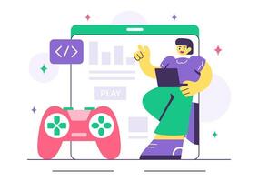 Gamer with a laptop and game controller vector