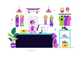 Illustration of Skateboarding Gear Shop Displaying Wheels, Decks, and Accessories vector