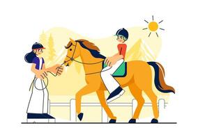 Horse Riding Practice Illustration in an Open Grassland with Colorful Cartoon Design vector