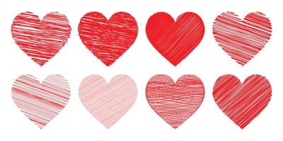 Collection of stylized hearts, rendered in a hand-drawn, scribbled style. vector