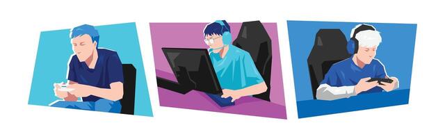 Three diverse gamers engaged in gaming vector