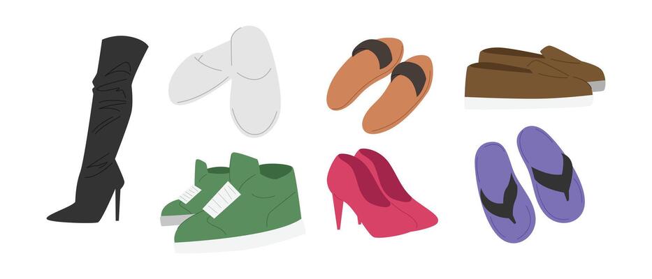 Set of footwear. Sneakers, high heels, boots, loafers, sandals, flip flops, and slippers. Cartoon style.