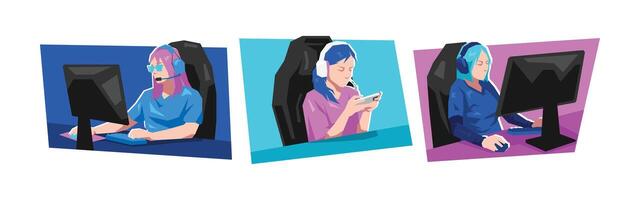 Three gamers in action vector