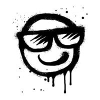 Smiling face emoticon character with sunglasses Spray painted graffiti smile face in black over white vector
