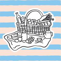 Line art illustration of an outdoor picnic scene. It includes classic elements such as a blanket, food, fruit, drinks, bread, flowers, and a basket. A delicate and relaxing doodle-style design. vector