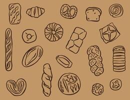 Line art of different types of bread in doodle style, bakery element. vector