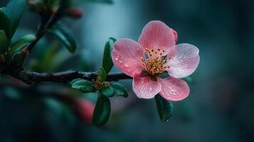 Sharp macro of flower on tree branch with green tones full of nature beauty photo