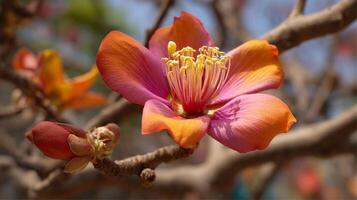 Bright spring flower with sharp textures and blurred greens radiating nature beauty photo