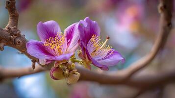 Macro flower in full focus with natural scenic backdrop emphasizing nature beauty photo