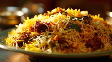 Biryani dish in focus showing layered rice and chicken details photo